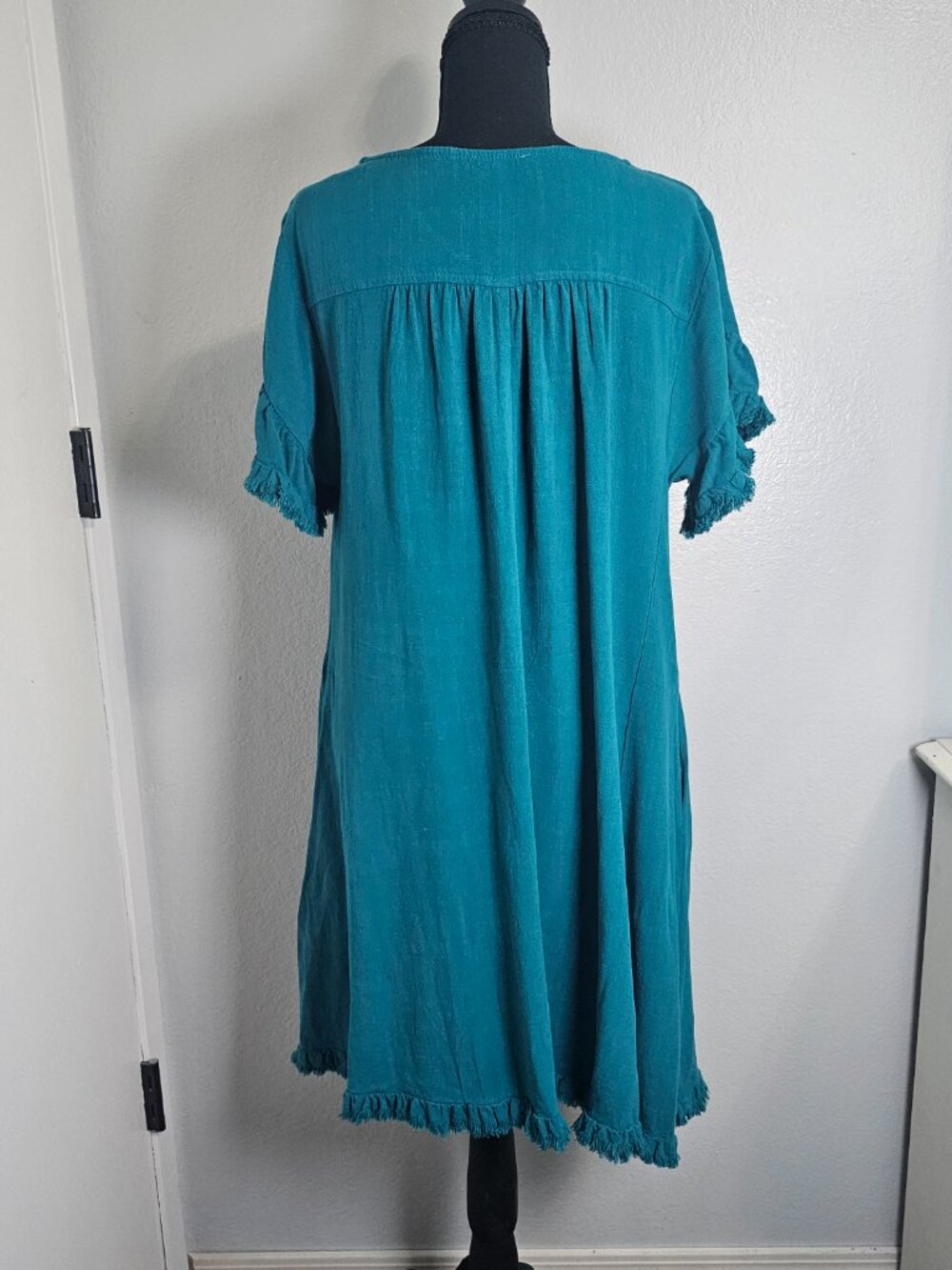 Umgee Teal Fringed Midi Boho Beachy Dress Linen Blend Coastal Women's Size Large - Picture 3 of 7